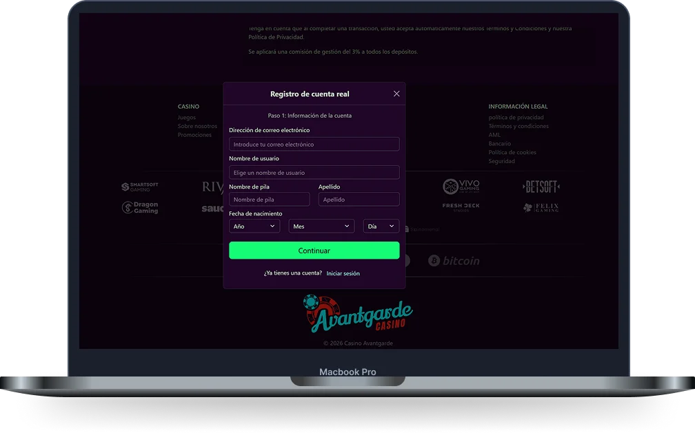 Avantgarde Casino Registro de Cuenta Real Avantgarde Casino formulario de registro de cuenta real mostrado en un ordenador portátil