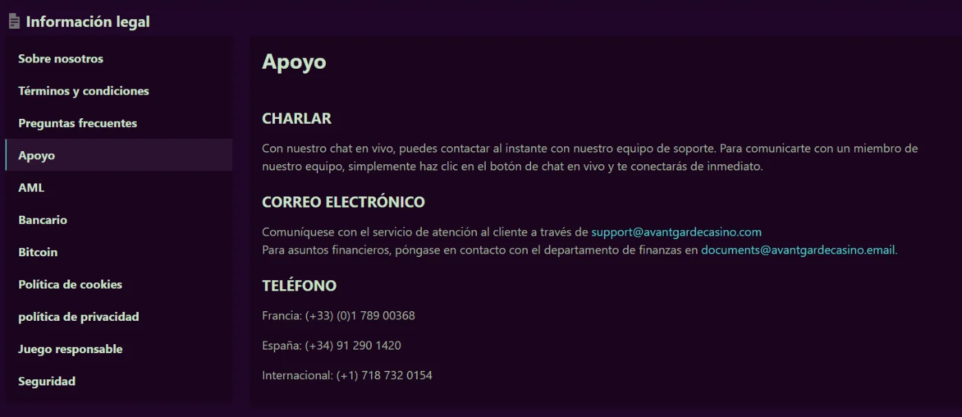 Avantgarde Casino Información Legal y Contacto Avantgarde Casino sección de información legal con chat, correo electrónico y teléfonos de soporte