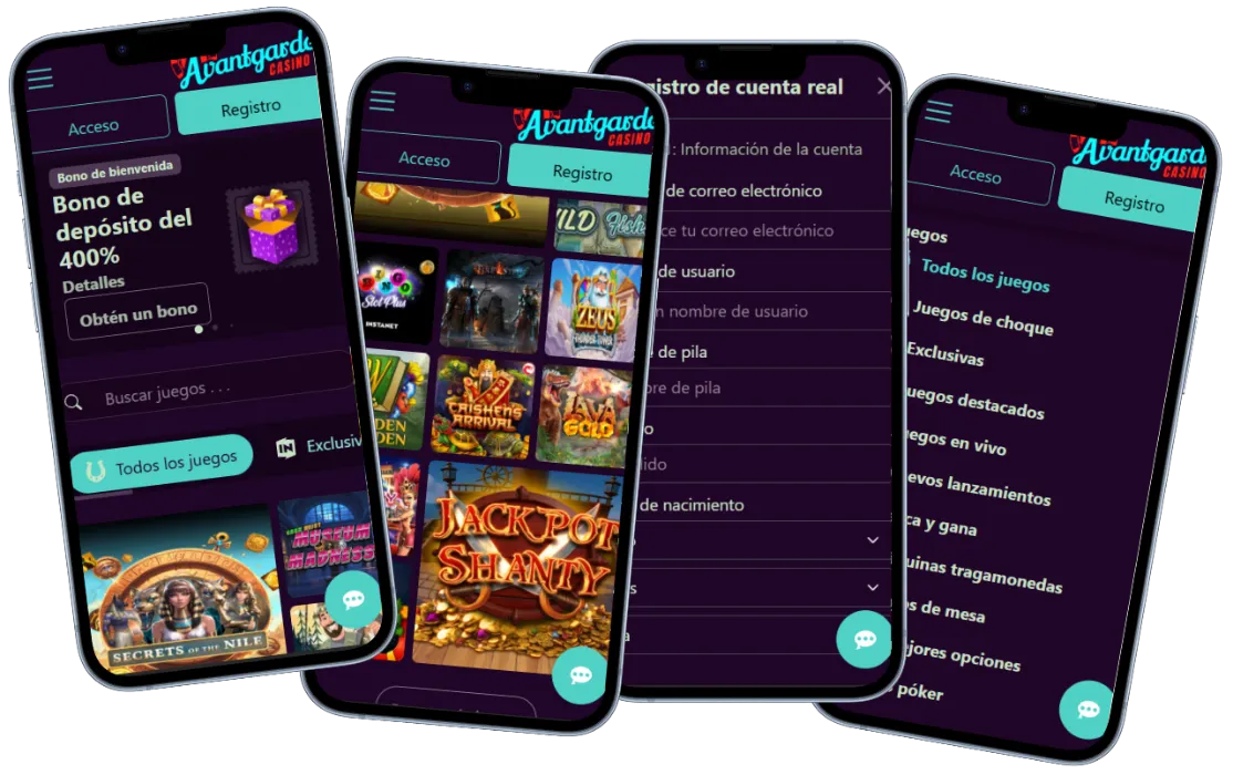 Avantgarde Casino Juegos y Registro en Móvil Avantgarde Casino versión móvil con bono de bienvenida, catálogo de juegos, registro y menú de categorías